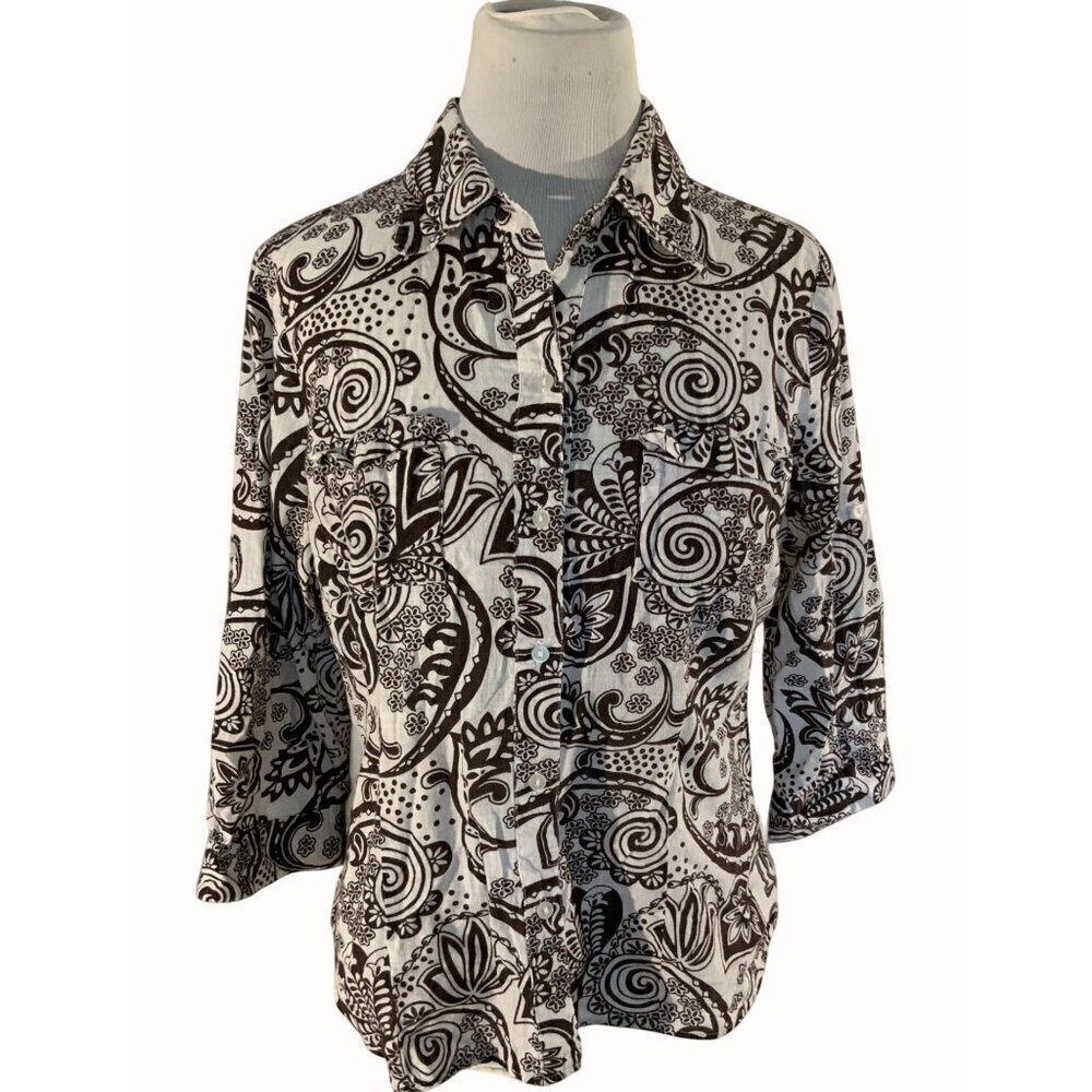Geoffrey Beene Medium Blouse Cotton Brown White Paisley Lightweight Womens Shirt